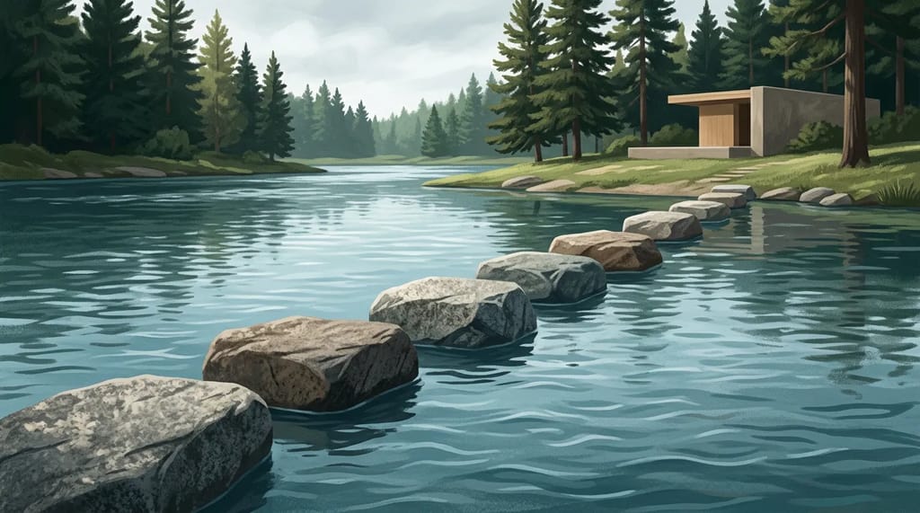 A series of stepping stones crosses a calm stream, suggesting a step-by-step path toward a clear decision.