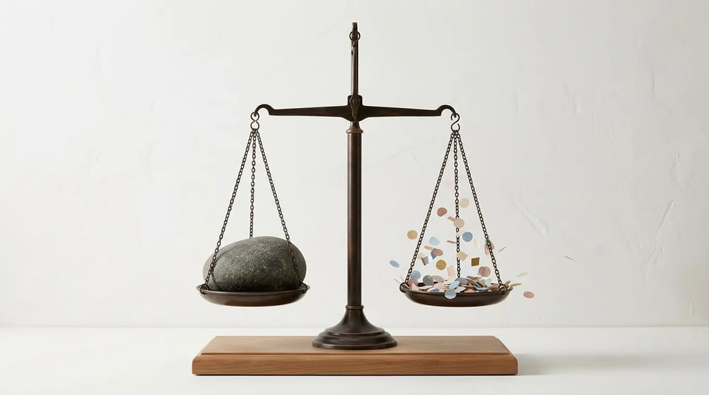 A balance scale compares a solid, heavy stone on one side with scattered, lightweight confetti on the other, representing the tradeoff between steady long-term value and a quick, fleeting burst of attention.