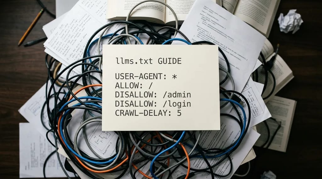 A simple, clear summary sitting above a tangled mess of clutter, representing how a condensed file cuts through noisy web pages.