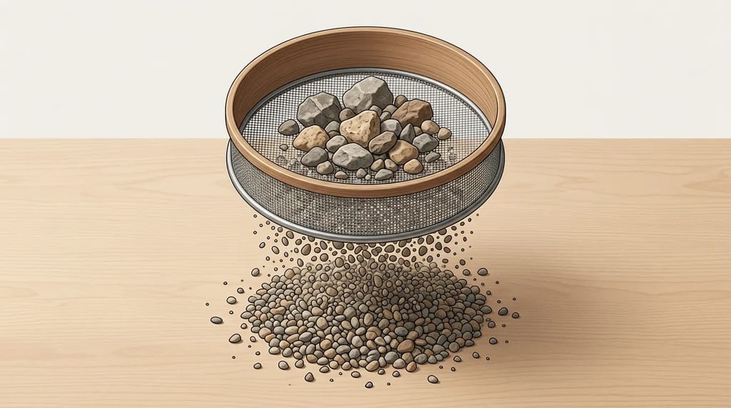 A sieve separating small stones from larger rocks, representing filtering a keyword list down to the ones actually worth pursuing.