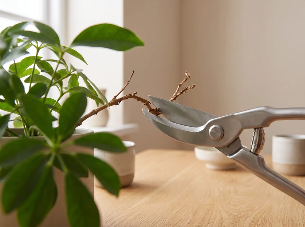 A pair of shears trims away a single dead branch from an otherwise healthy plant, showing how pruning removes only what's not working