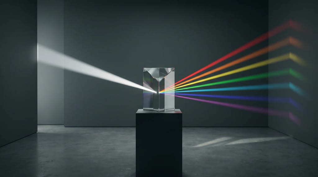 A prism splitting one beam of light into several separate beams, representing breaking a traffic drop down by page, query, location, and device.