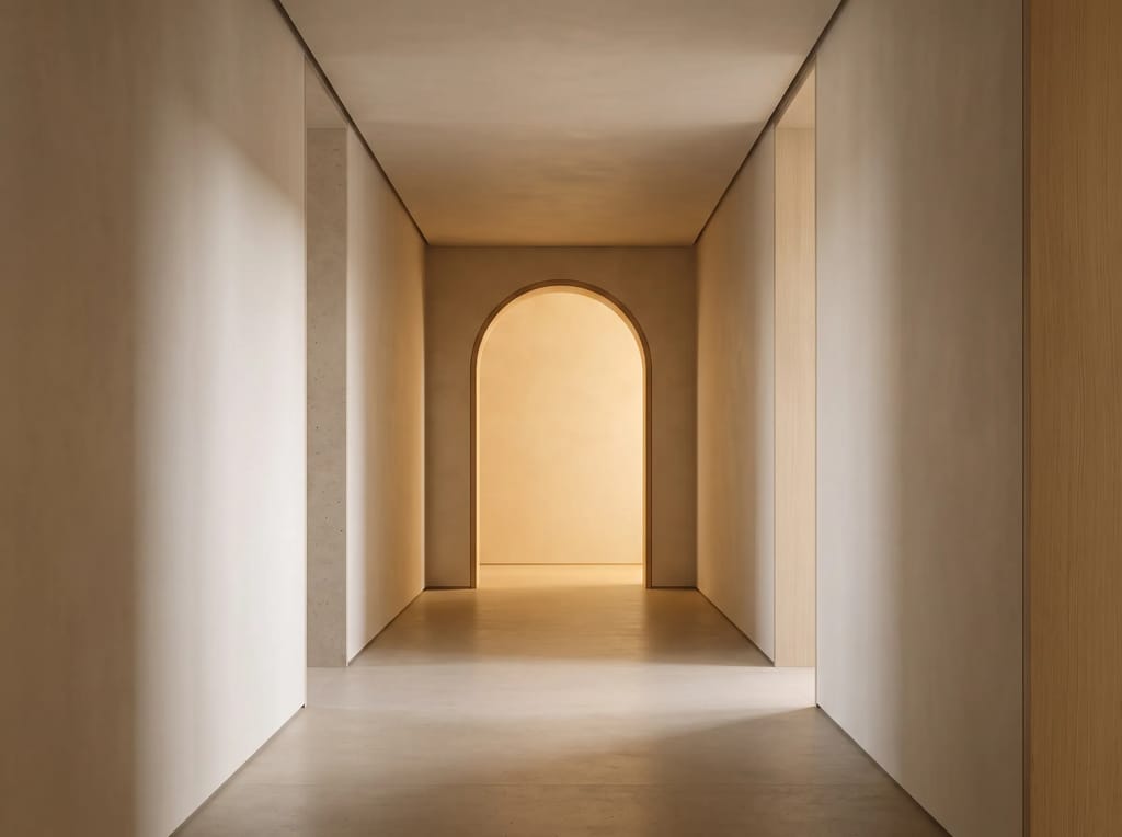A calm hallway leads naturally to an open doorway of light at the far end, like a call-to-action that arrives only once it feels earned.