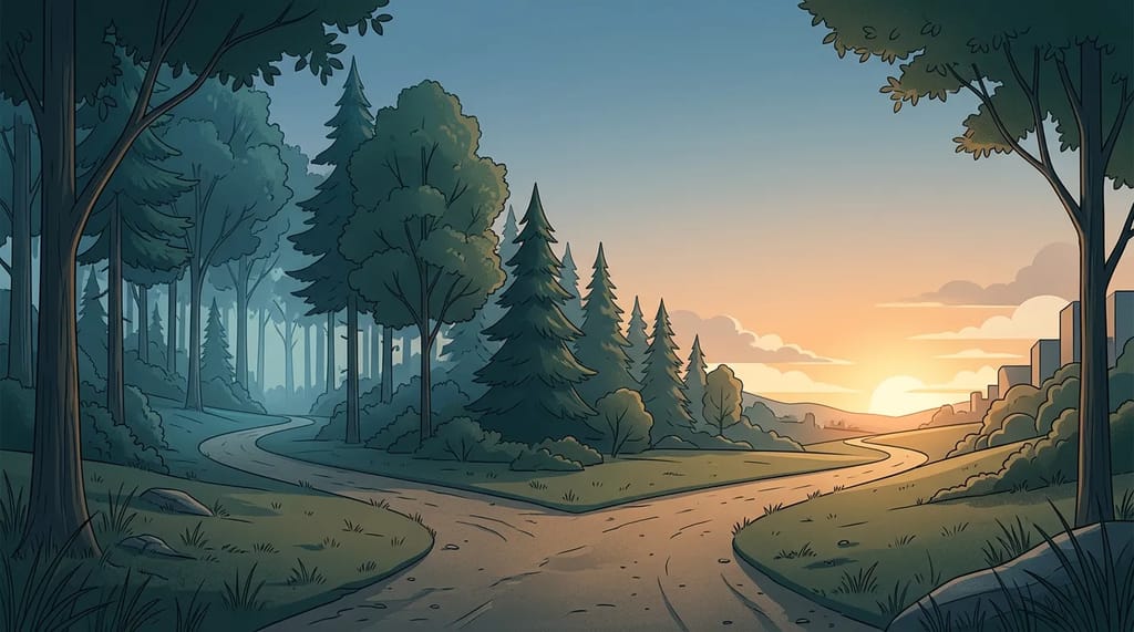 A path splits into two directions, one leading into a long, steady forest and the other toward a short, bright burst of light, representing the choice between lasting content and a quick timely spike.