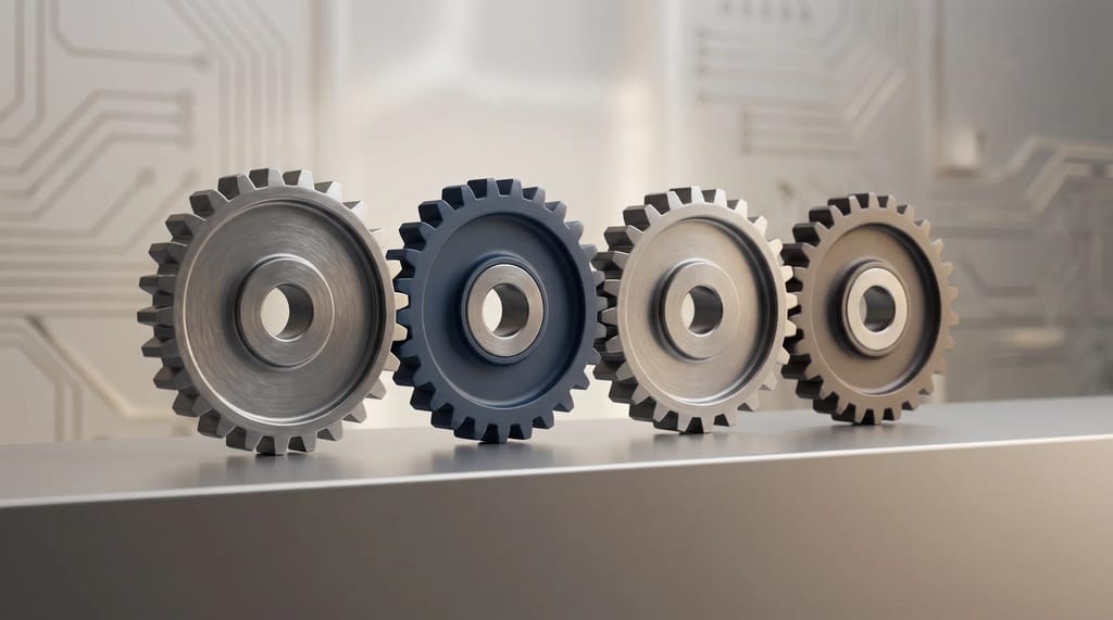 Four gears connected in a row, each turning the next, showing a process that moves from one stage straight into the next