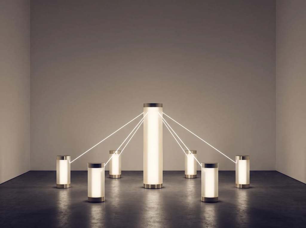 A tall central structure connected to smaller supporting structures, representing a pillar page linked to cluster pages