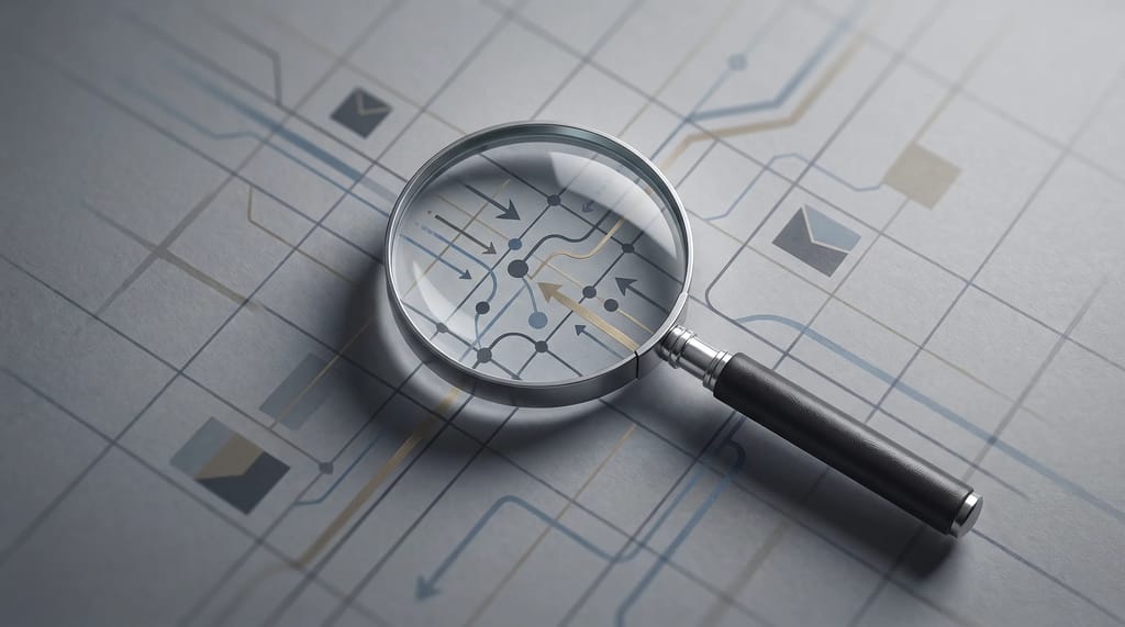 A magnifying glass revealing finer detail within a grid, representing breaking broad data down into specific segments