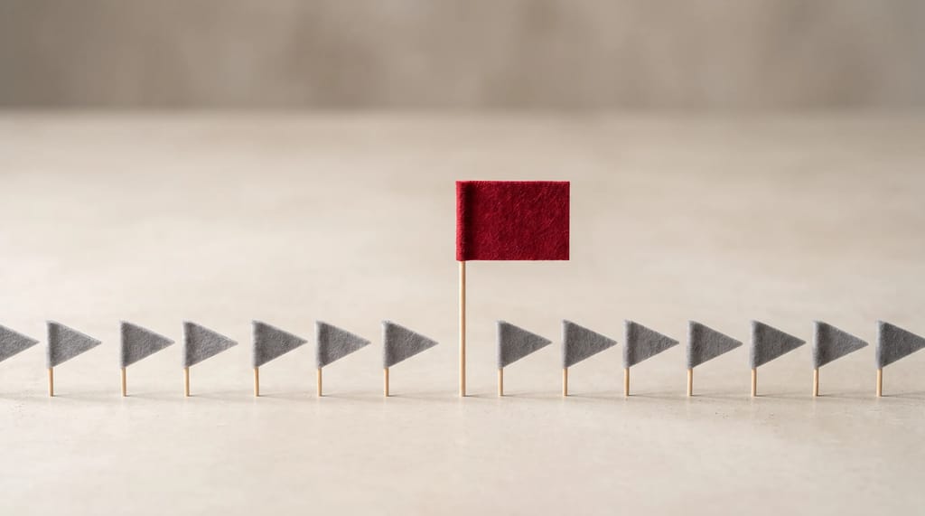 One red flag standing out among plain gray flags, representing the search for a manual action or penalty.