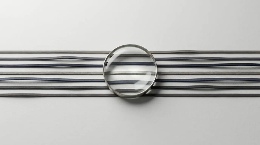A magnifying glass highlighting one line among many similar ones, representing a distinct angle standing out from similar content