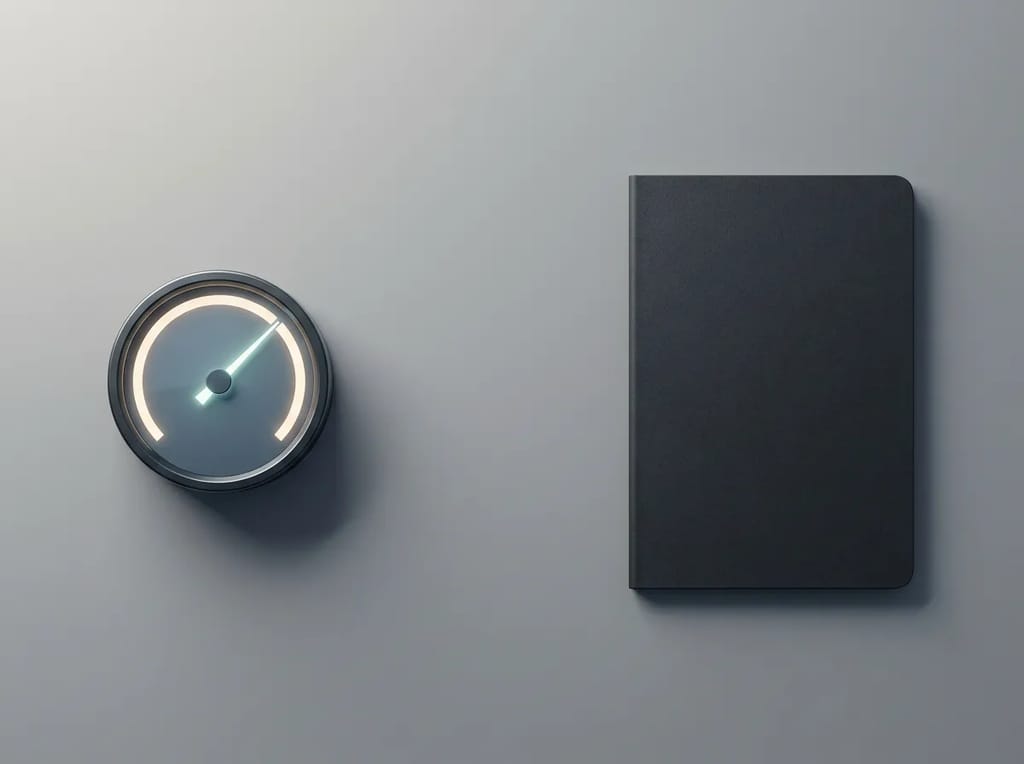 A simple gauge next to a bound written summary, representing the difference between a quick-glance dashboard and a detailed report