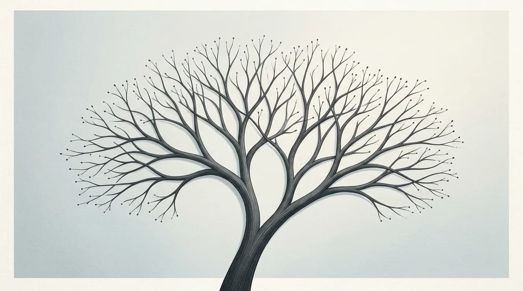 A thick branch splitting into many thin twigs, representing a broad keyword expanding into narrower, easier long-tail variations.
