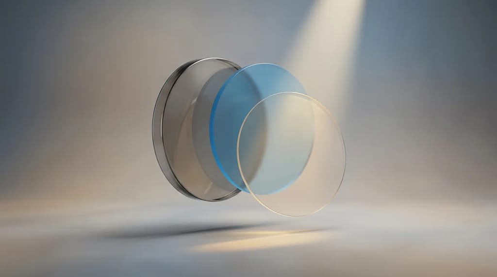 Three overlapping translucent discs of different thickness, symbolizing how difficulty, volume, and true competition are separate ideas often confused as one.