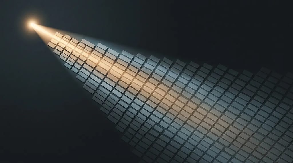 A single beam of light stretching thinner as it spreads across a fast-growing field of tiles, showing attention diluted by scale