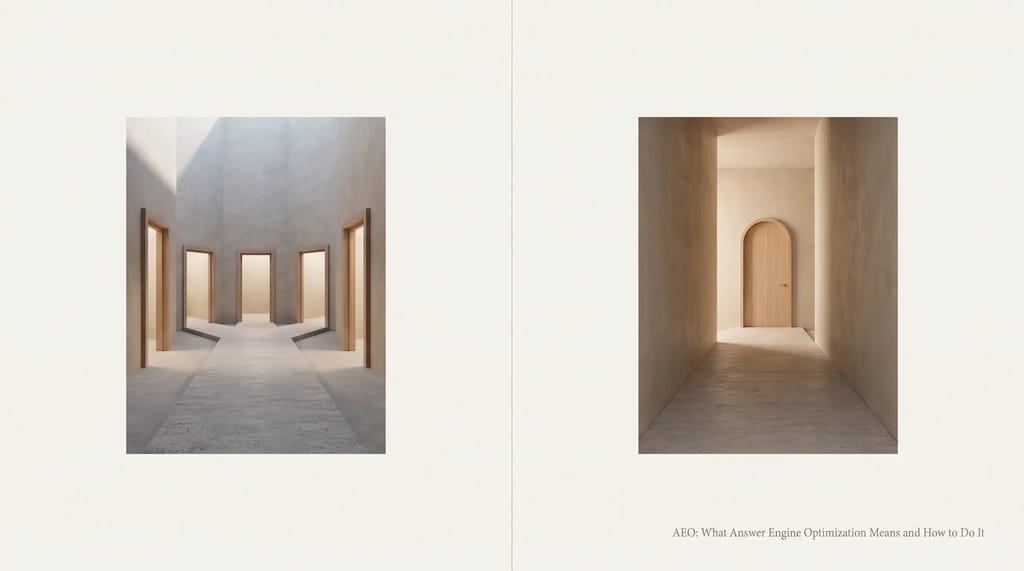 Two paths, one splitting into many small doors and one leading to a single open doorway, showing the difference between a list of results and one direct answer