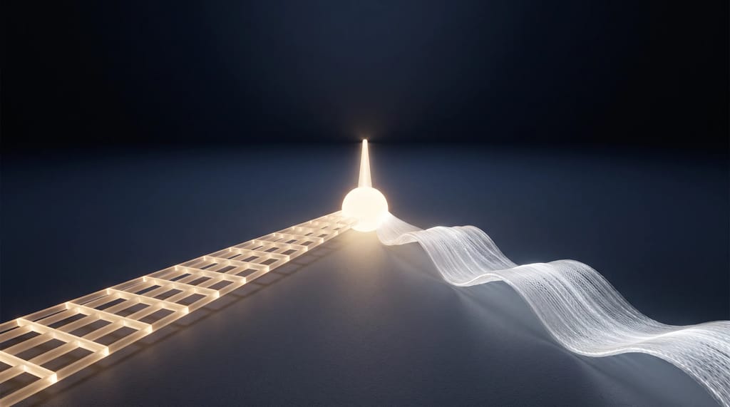 Two different paths, one gridded and one flowing, converging toward the same glowing point
