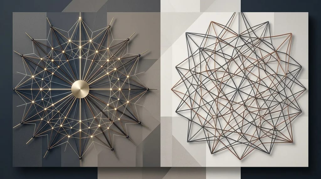 Two network patterns side by side — one organized like a wheel with a center and spokes, the other a looser crisscrossing mesh