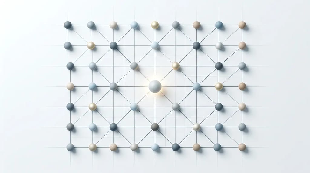 A neat grid of connected points representing an organized, page-by-page content plan rather than a loose diagram