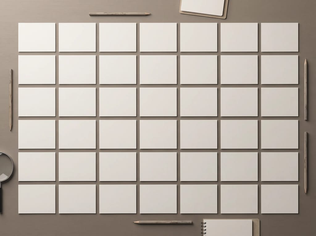 Rows of neatly labeled index cards laid out in a grid, representing a complete inventory of every page before an audit begins