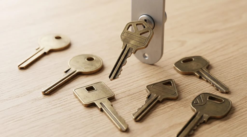 five different keys laid out, with one being chosen to fit a lock