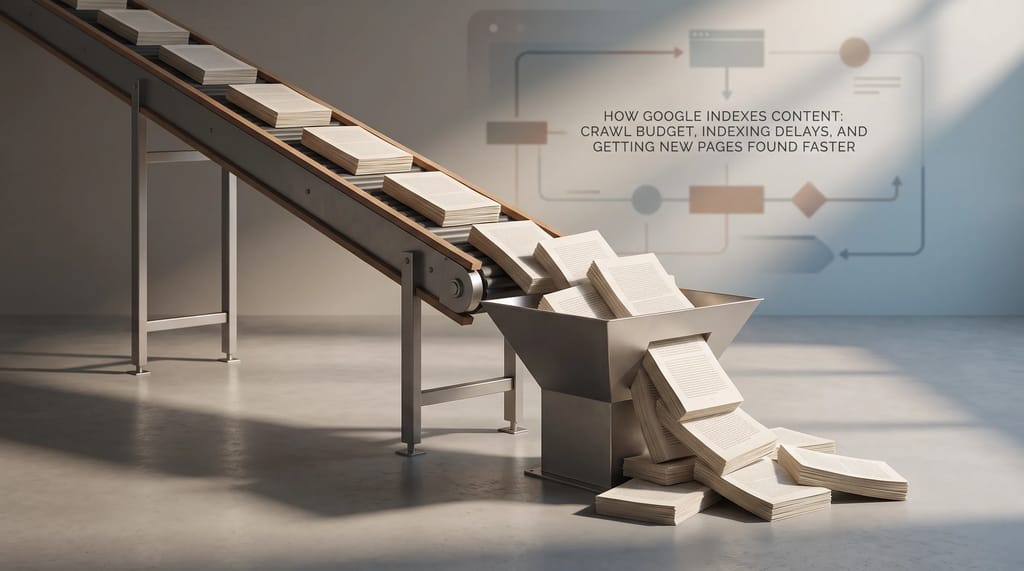 Pages piling up on a conveyor belt faster than a narrow funnel below can process them, representing publishing volume outpacing what can be indexed