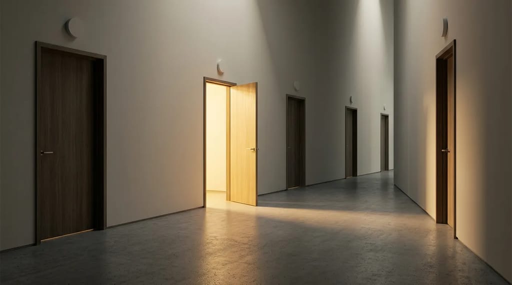 a single open, glowing doorway stands out among a row of closed doors