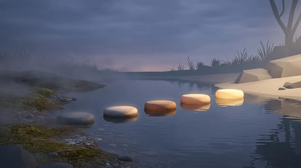Five glowing stepping stones crossing water from a foggy shore to a clear one, representing the five stages a buyer moves through before choosing software.