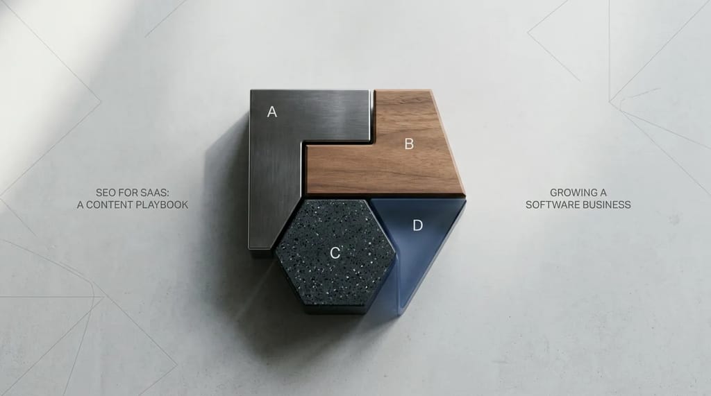Four distinct geometric shapes fitted together like a small toolkit, representing the four content types that work together to drive software signups.