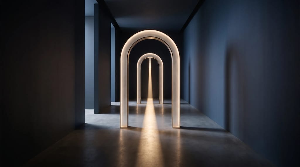 Three glowing gateways in sequence, representing the crawl, render, and index stages a page must pass through