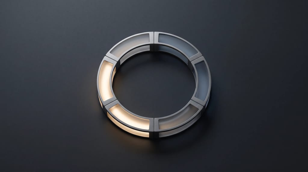 A glowing ring with sections fading and relighting at once, representing content that continuously decays and gets refreshed.