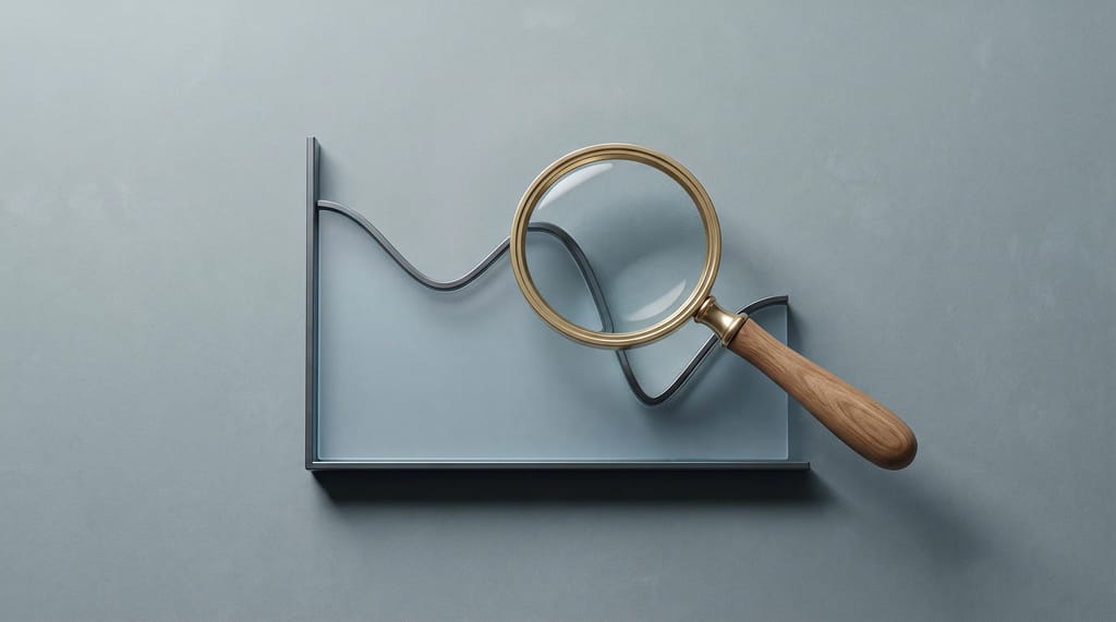 A magnifying glass held over a dip in a line graph, representing checking whether a traffic drop is real before reacting.