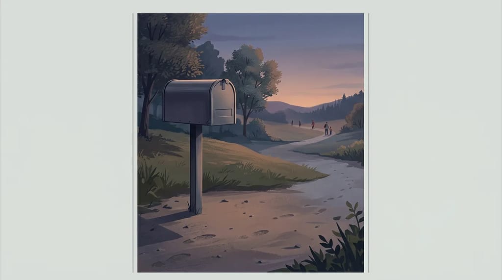 An empty mailbox stands untouched at the end of a path while footprints lead everywhere else around it, suggesting a signal that was put in place but never actually checked