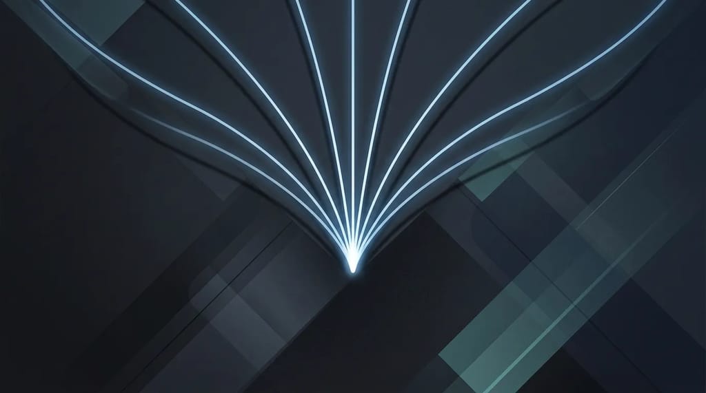 Several separate streams of light flowing together into one single point, representing scattered data sources coming together in one place
