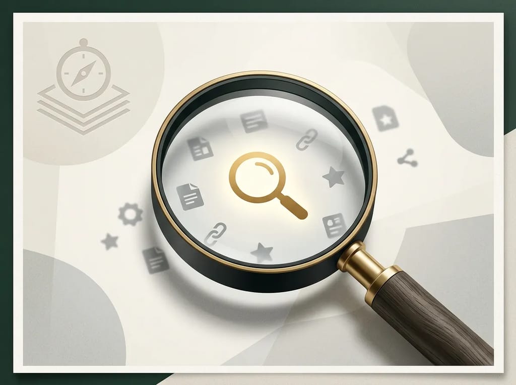 A magnifying glass highlighting one search icon among many faint icons, representing focus on true searcher intent
