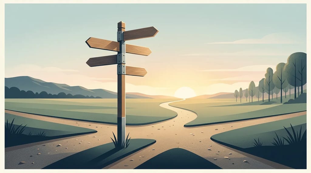 A signpost at a crossroads pointing toward different paths, representing the different directions a search could mean