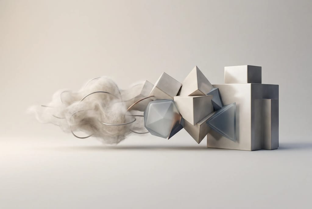 A blurry shape sharpening into a precise geometric form, representing vague instructions becoming clear enough for an AI writer to follow