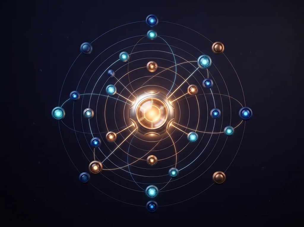 A single glowing point at the center with smaller points orbiting around it, representing one core topic anchoring everything else