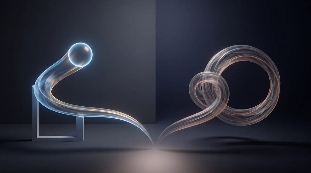 Two glowing paths side by side, one continuing straight ahead and the other curving back on itself, representing the difference between real follow-through and a tool that just waits for the next request