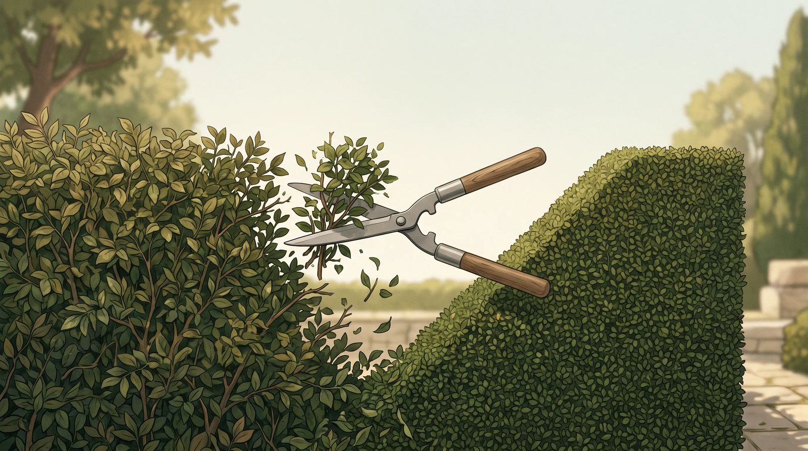A garden hedge is half overgrown and half neatly trimmed, showing the idea of carefully cutting back excess to reveal something stronger