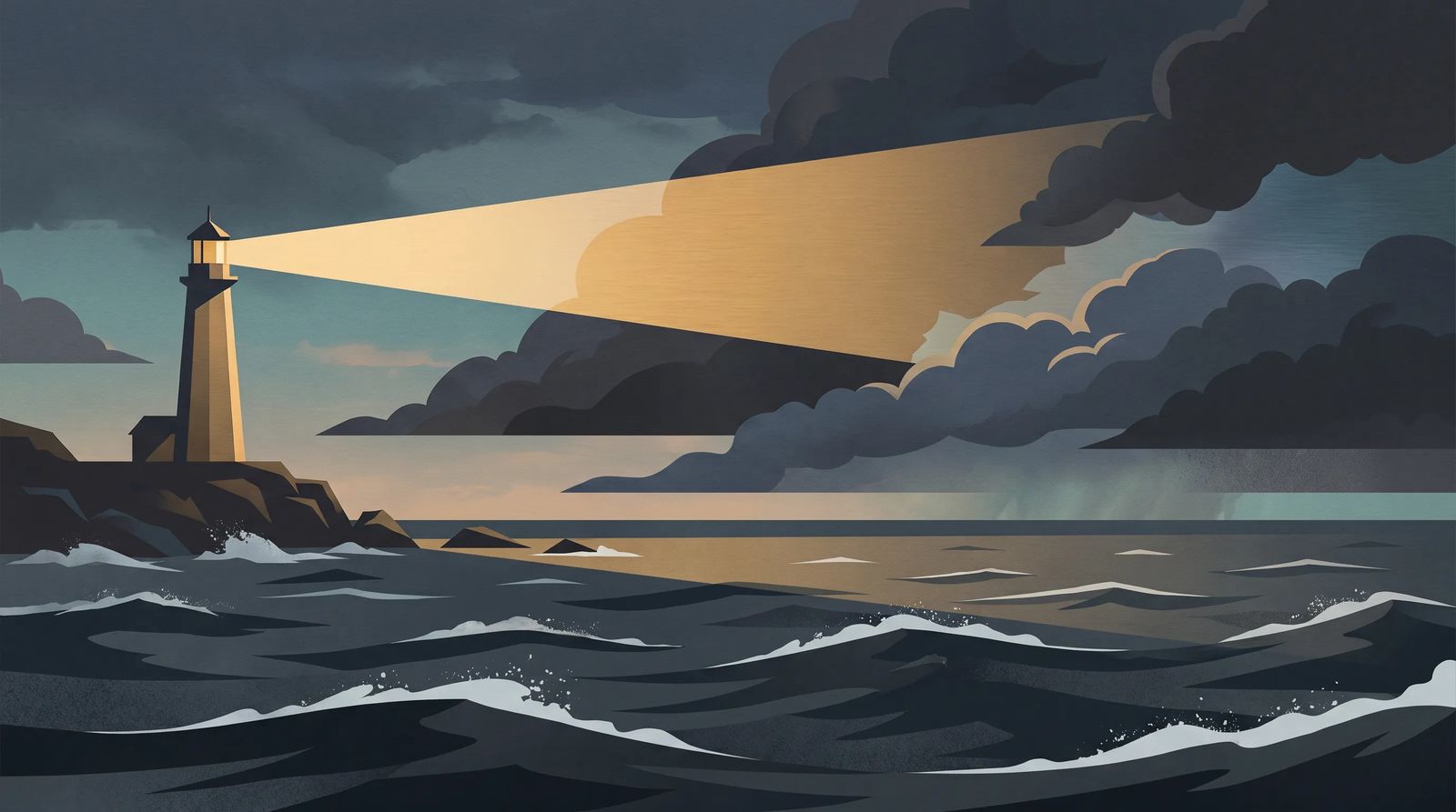 A lighthouse beam cutting steadily through rough, dark water at dusk