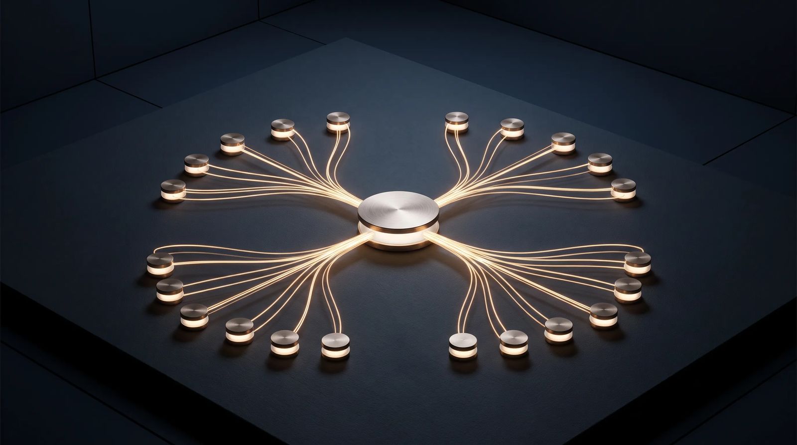 An abstract web of connected glowing points organized around a central hub, representing a structured content plan