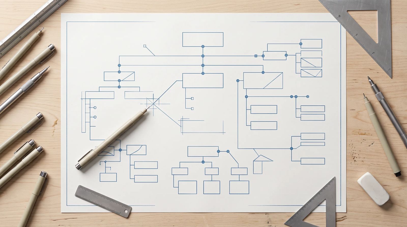 A blueprint-style diagram of connected boxes and lines, like a plan drawn before building something