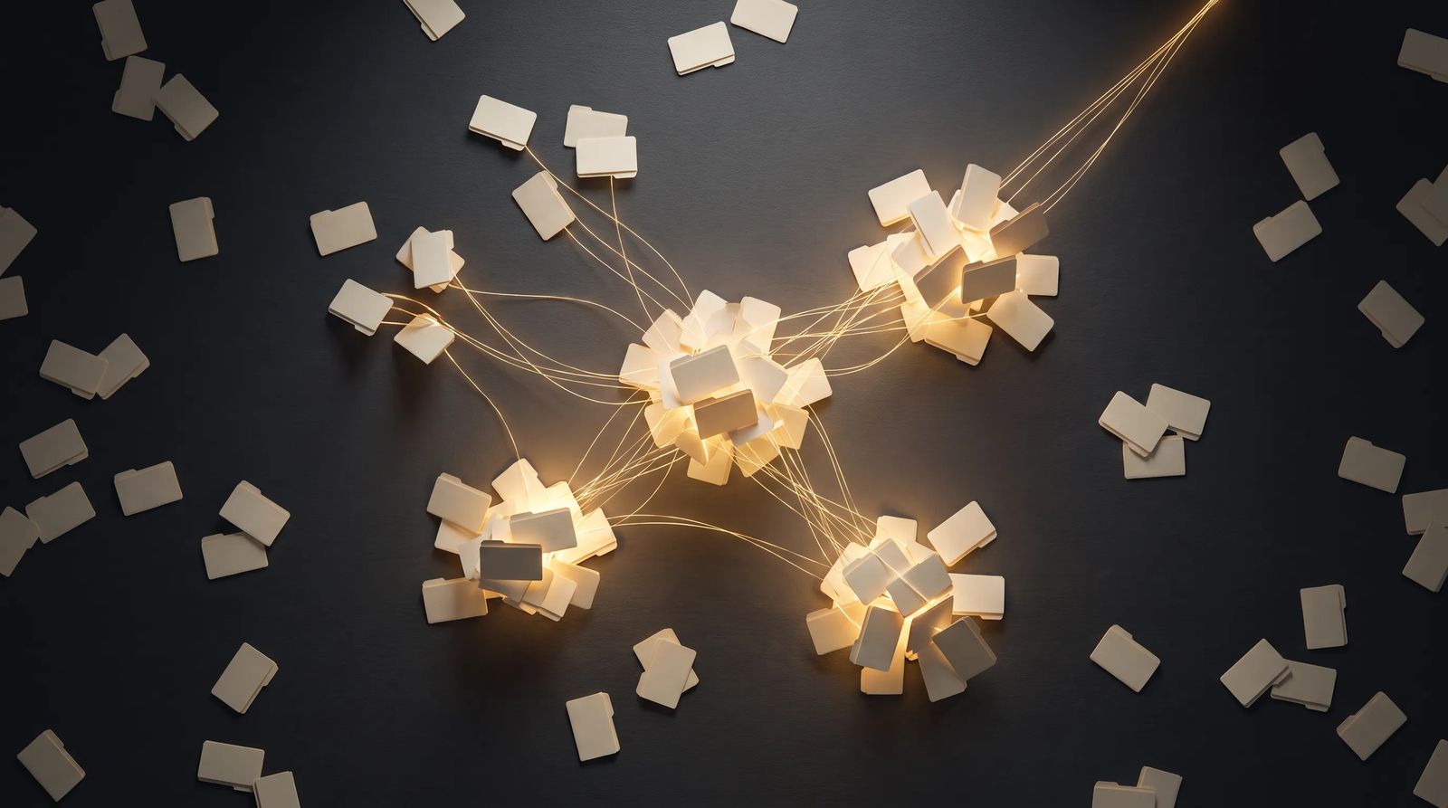 Scattered notes being pulled together into a few organized groups by glowing connecting lines