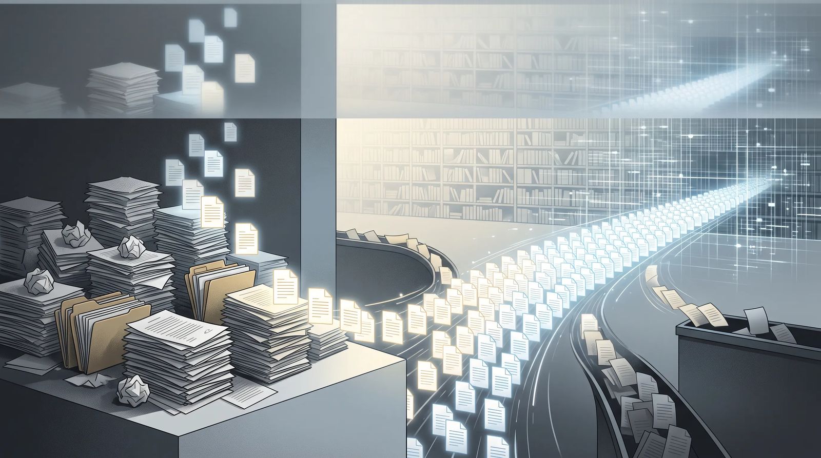 Abstract scene of scattered documents being sorted into organized glowing streams, symbolizing a content audit bringing order to a messy website