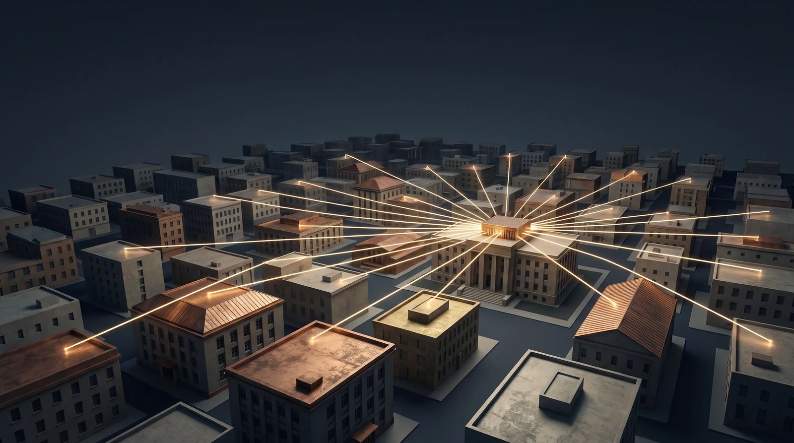 An aerial view of scattered rooftops connected by lines of light to one central hub, representing shared governance across many sites.