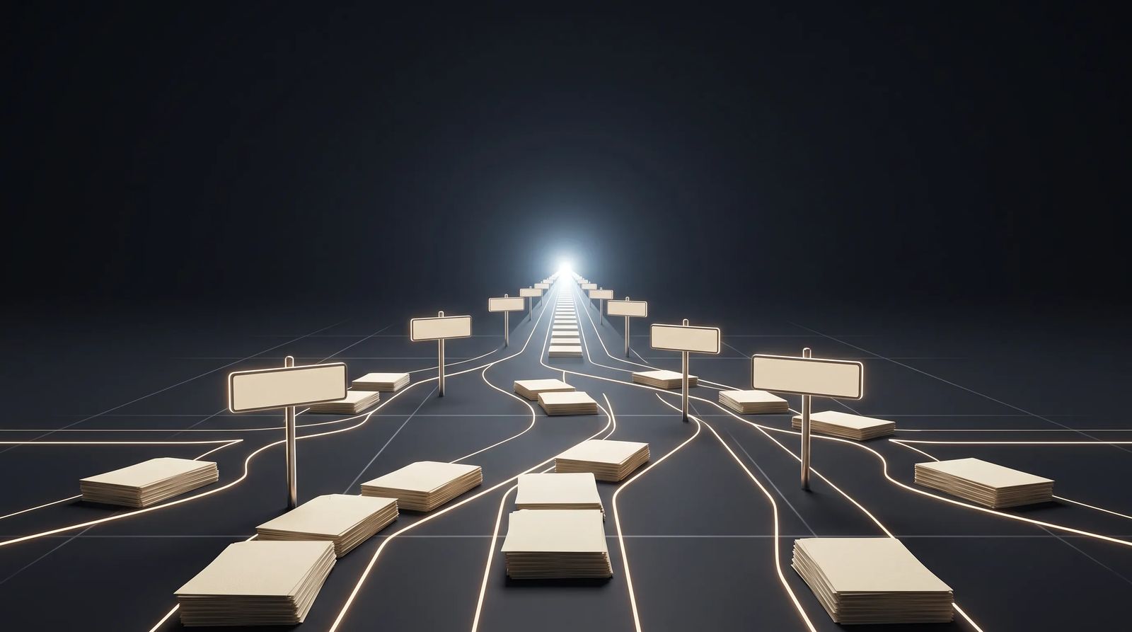 A winding path of glowing signposts leading toward a single bright point, symbolizing the long research journey of a software buyer.