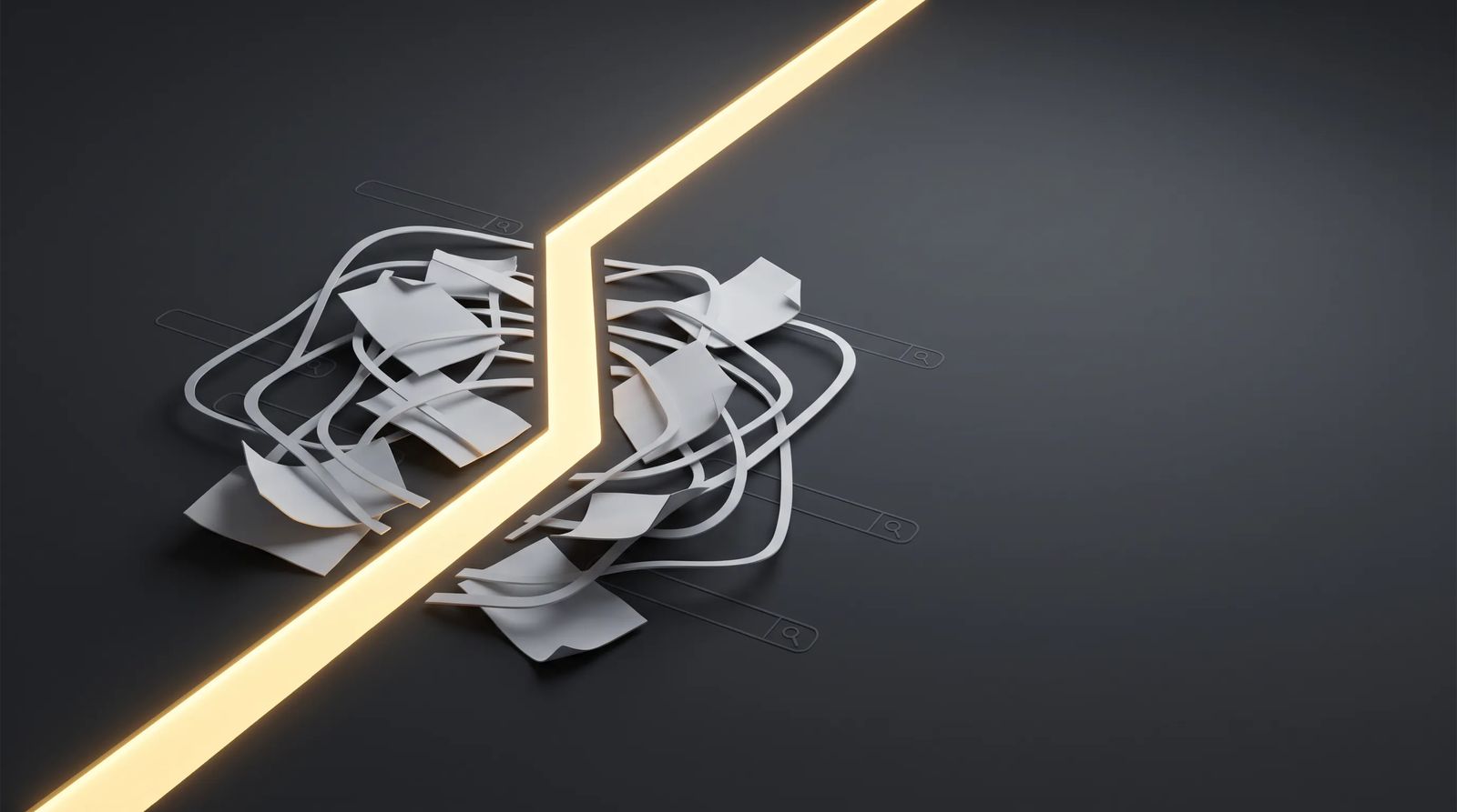 A clear glowing path cutting through a tangled web of documents and search icons, symbolizing clarity in content writing