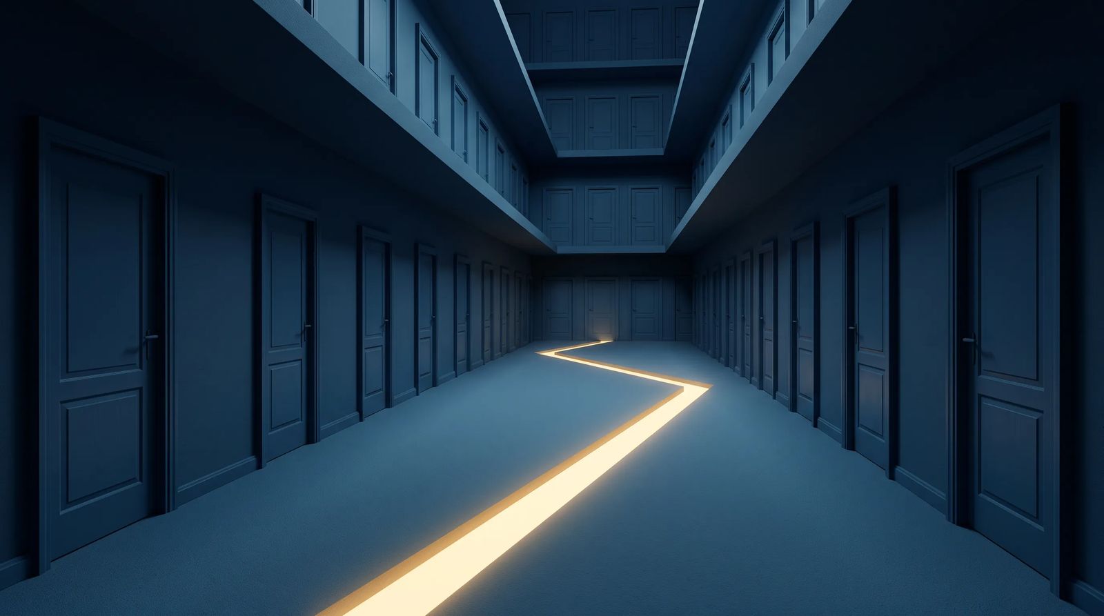 A single lit path threading through a dark maze of closed doors, representing how few pages find their way through to being indexed