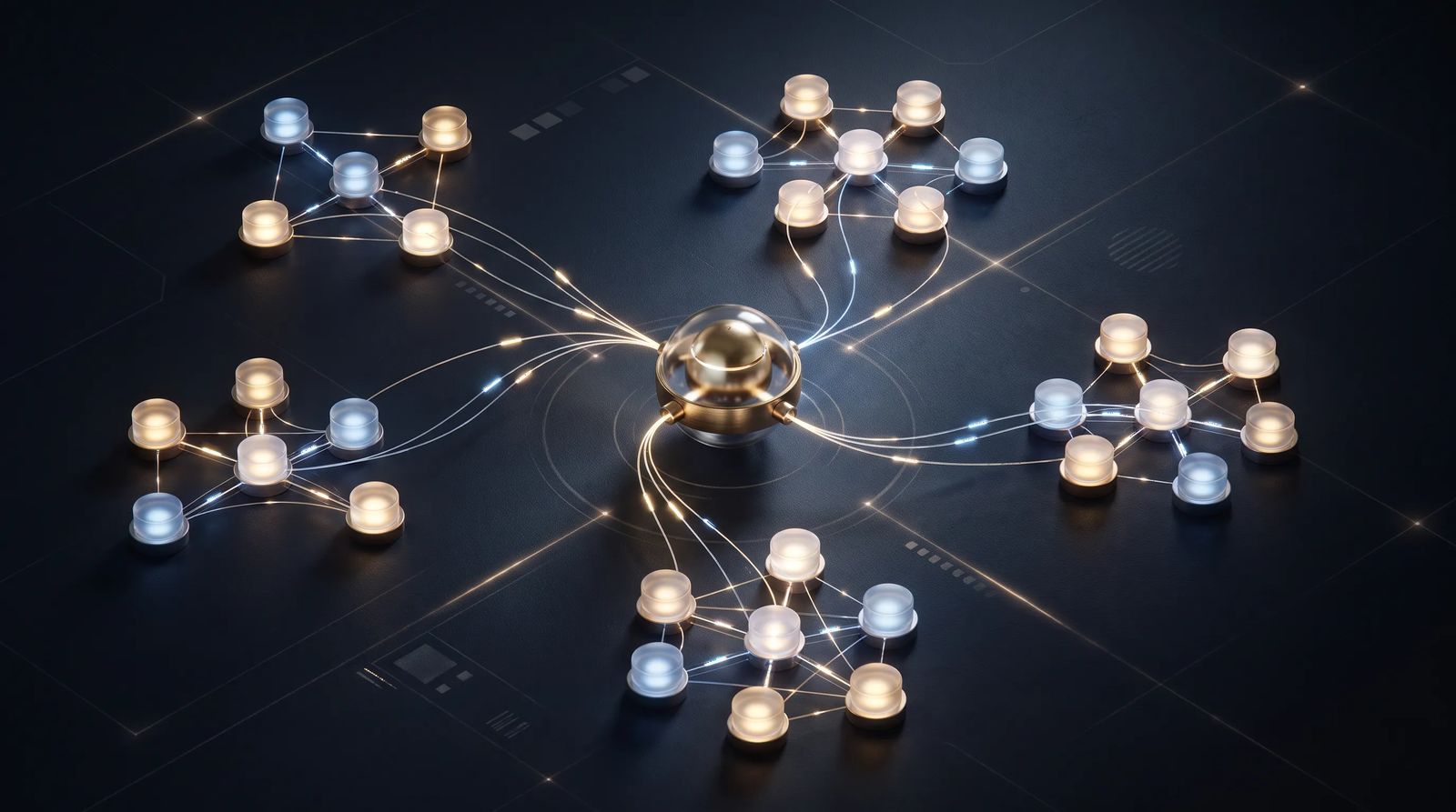 An abstract network of glowing nodes linked by clean lines, representing many websites managed from one central system.