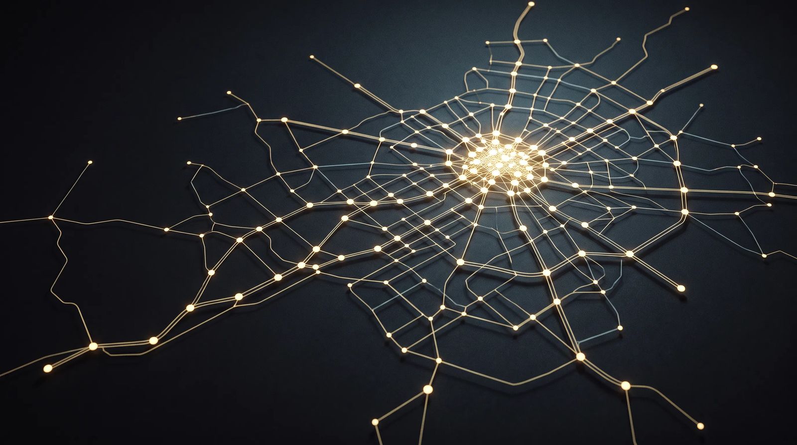 A glowing network of connected points forming an organized map, like a city grid seen from above