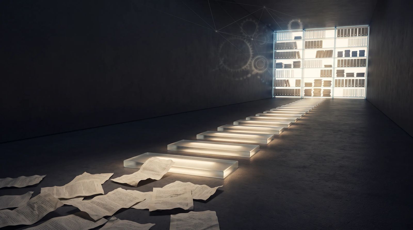 Scattered pages following a lit path toward a glowing archive, representing the journey from publishing to being found and indexed